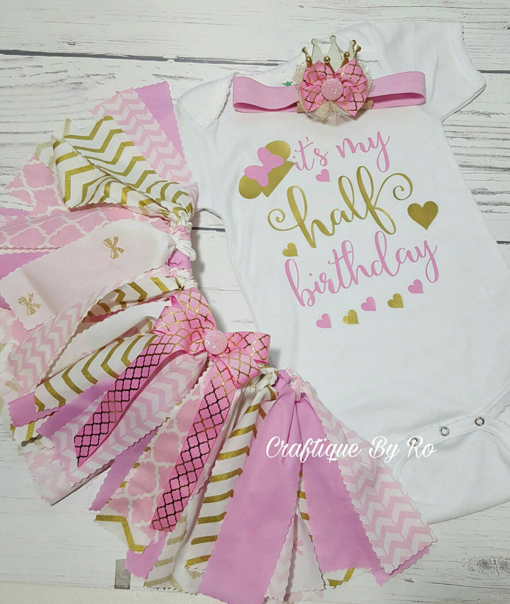 Fabric tutu Set Half Birthday Outfit Pink and Gold Birthday