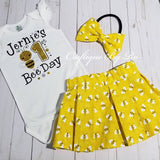 1st Bee Day Birthday Girl Skirt Set - Bee Birthday Outfits | Baby Girl's birthday bodysuit - Skirt Set