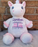 Personalized Unicorn Plush With Gown and Headband, Birth Announcement Stuffed Animal, Embroidered Stuffed Animal, Personalized Baby Gift