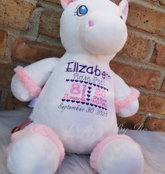 Personalized Unicorn Plush With Gown and Headband, Birth Announcement Stuffed Animal, Embroidered Stuffed Animal, Personalized Baby Gift