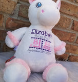 Personalized Unicorn Plush With Gown and Headband, Birth Announcement Stuffed Animal, Embroidered Stuffed Animal, Personalized Baby Gift