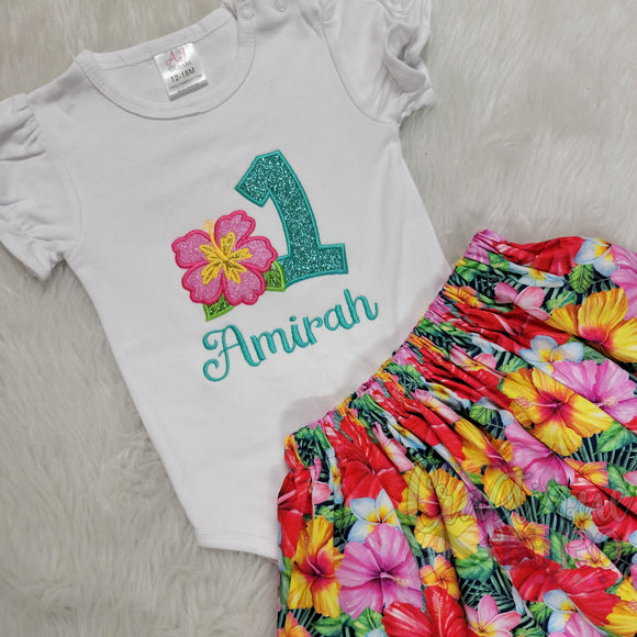 Luau Birthday Girl Outfit - Hawaiian Birthday Outfits | Embroidery Shirt - Skirt Set