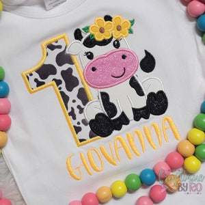 Cow Sunflower Birthday Shirt - First Birthday Shirt - Yellow Cow Birthday Shirt with Name - Girl 1st Birthday Shirt Yellow