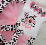 Pink Girls Birthday Barnyard Outfit, 1st Birthday Farm Birthday Outfit/Barnyard Birthday Shirt, First Birthday Cow Outfit, Cow Birthday