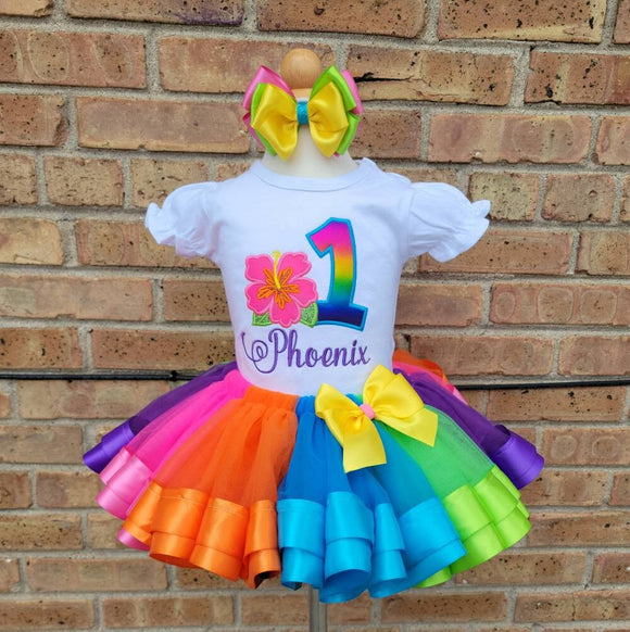 Neon RainbowTutu Set - Hibiscus Flower -  Birthday Outfit - Shirt -   Birthday Outfit - Birthday Shirt - Hibiscus Shirt - Island Princess