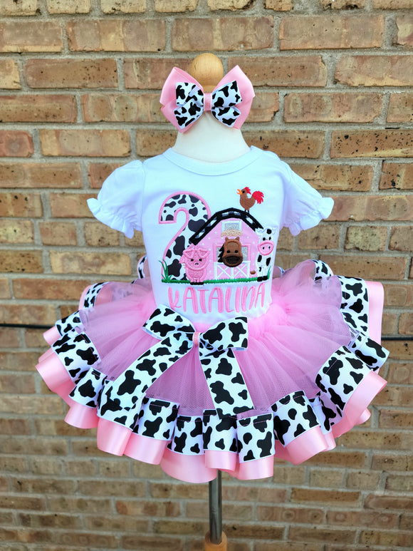 Pink Girls Birthday Barnyard Outfit, 1st Birthday Farm Birthday Outfit/Barnyard Birthday Shirt, First Birthday Cow Outfit, Cow Birthday