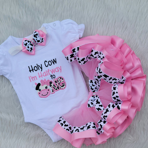 Girls Birthday Cow Outfit, Holy Cow Farm Birthday Outfit/Barnyard Birthday Shirt, Halfway to One Cow Outfit, 1st Birthday Cow Shirt