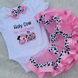 Girls Birthday Cow Outfit, Holy Cow Farm Birthday Outfit/Barnyard Birthday Shirt, Halfway to One Cow Outfit, 1st Birthday Cow Shirt