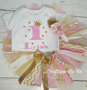 Fabric tutu Set - 1st Birthday Outfit - Pink and Gold Birthday Tutu Set - Birthday Outfit - Tutu Set