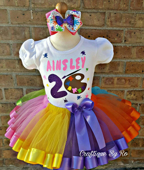 Paint Party Rainbow Tutu Set - Artist Birthday Outfit - Birthday Ribbon Trimmed Tutu Set - Paint Party Birthday Outfit - Paint Pallet