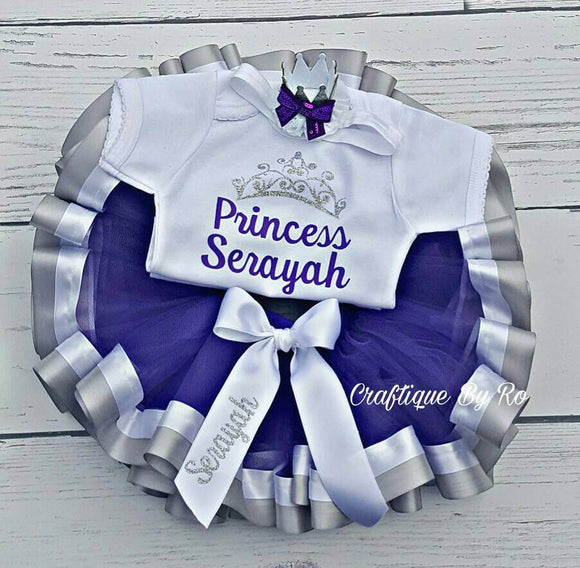 Princess Ribbon Trimmed Tutu Set - First Birthday Ribbon Tutu - Diva Tutu Set - Purple and Silver- Royalty Tutu Set - Frozen Tutu