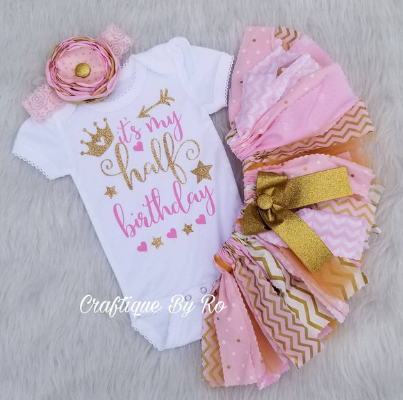 Half Birthday Girl Outfit - Half Birthday Outfits | Crown Baby Girl's 1/2 birthday bodysuit