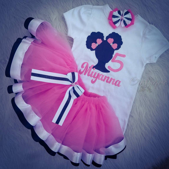 Pink and Black Afro  Doll Puff - Afro Puff Girl Tutu Set -Tutu Set -Birthday Tutu Set - Birthday Outfit - Afro Puff Birthday Outfit