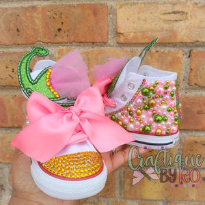 Dinosaur Bling Shoes - Birthday Outfit - Custom Shoes -   Shoes - Dinosaur Birthday Outfit - Pearl Converse