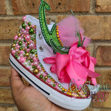 Dinosaur Bling Shoes - Birthday Outfit - Custom Shoes -   Shoes - Dinosaur Birthday Outfit - Pearl Converse